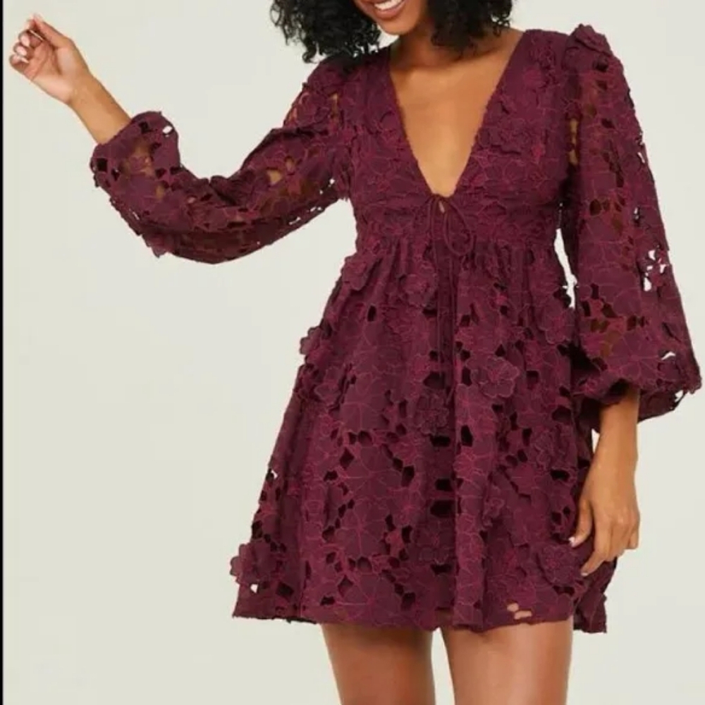 NWT Altar'd State Sun Goddess Embroidered Lace Burgundy Long Sleeves Dress Sz XL